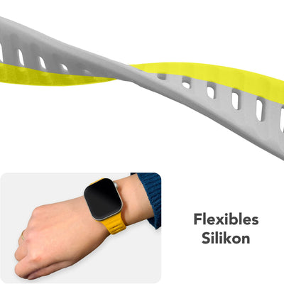 NALIA Motion Silikon Armband kompatibel mit Apple Watch Armband iWatch Series Ultra/SE 10 9 8 7 6 5 4 3 2 1, 42/44/45/46/49mm, Ersatzarmband Sportarmband Steck-Pin Verschluss Leuchtgelb Grau NALIA Silikon Armband