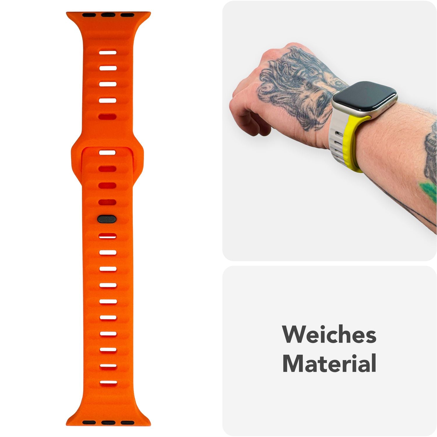 NALIA Motion Armband für Apple Watch Ultra/SE/10/9/8/7/6/5/4/3/2/1, Gehäusegröße 42/44/45/46/49mm, Soft Silikon Ersatz Sportarmband mit Steck-Pin Verschluss Neon Orange NALIA Silikon Armband