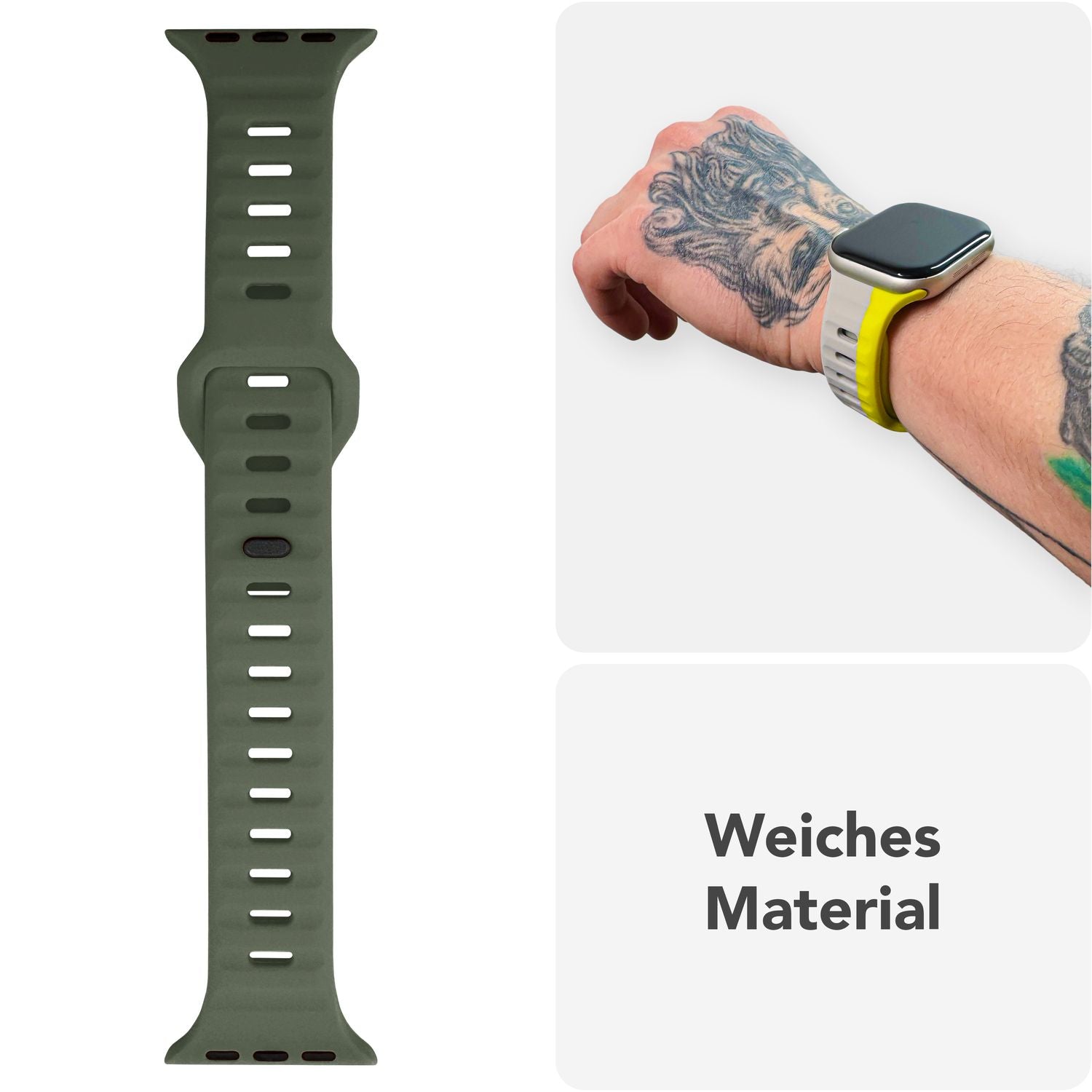 NALIA Motion Armband für Apple Watch Ultra/SE/10/9/8/7/6/5/4/3/2/1, Gehäusegröße 42/44/45/46/49mm, Soft Silikon Ersatz Sportarmband mit Steck-Pin Verschluss Moosgrün NALIA Silikon Armband