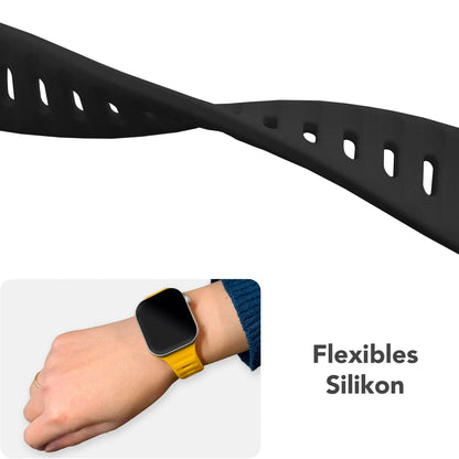 NALIA Motion Armband für Apple Watch Ultra/SE/10/9/8/7/6/5/4/3/2/1, Gehäusegröße 42/44/45/46/49mm, Soft Silikon Ersatz Sportarmband mit Steck-Pin Verschluss Tiefschwarz NALIA Silikon Armband