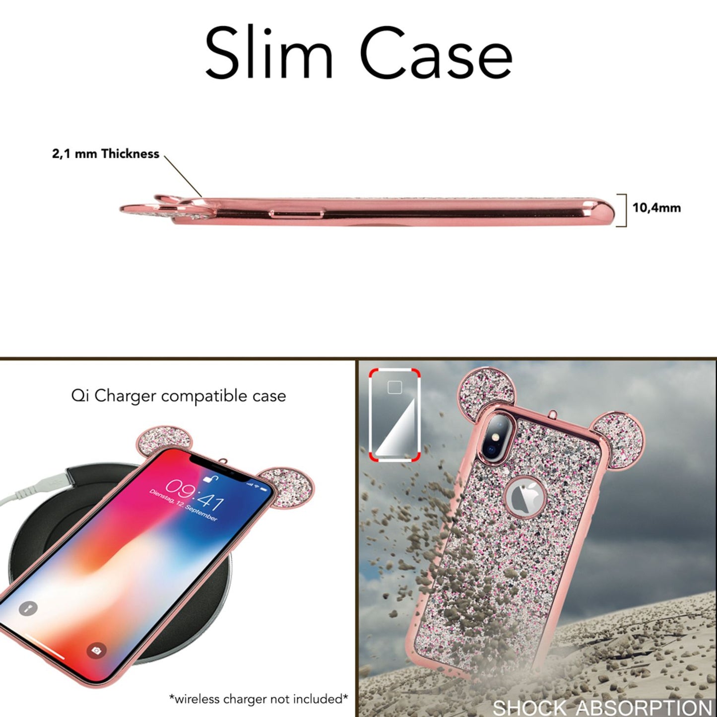 NALIA Handy Hülle für iPhone X / XS, Glitzer Slim Silikon Cover Case Maus Ohren