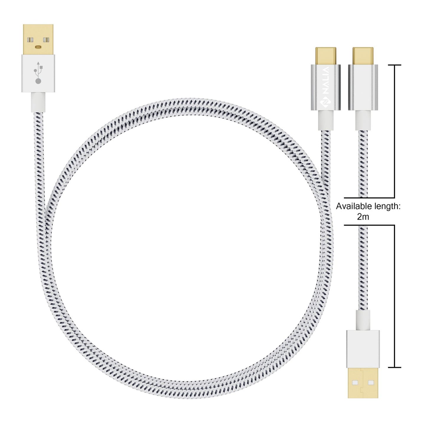 2m USB C auf USB 2.0 Kabel von NALIA, Stabiles Nylon Sync Daten Lade Kabel
