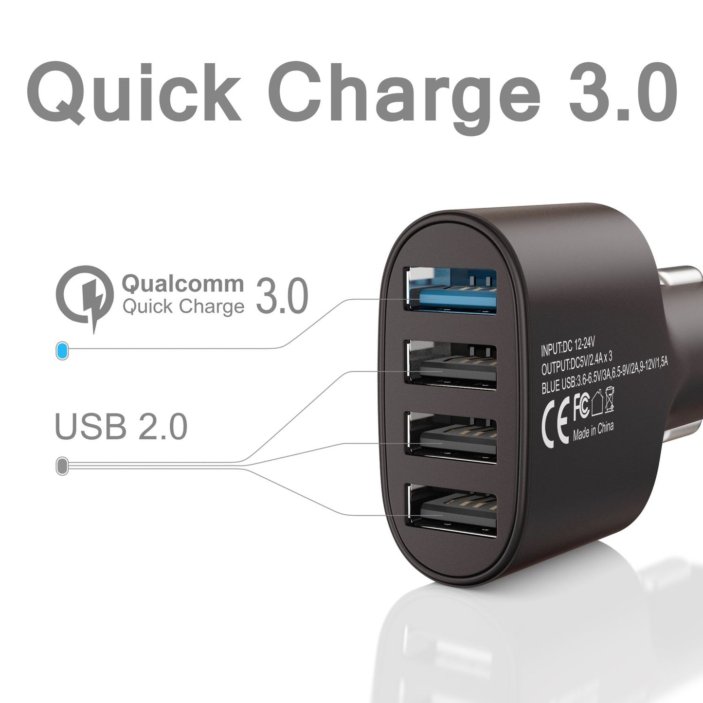 4-Port USB Quick Charge 3.0 Auto Ladegerät von NALIA Kfz Ladeadapter Schnelllader