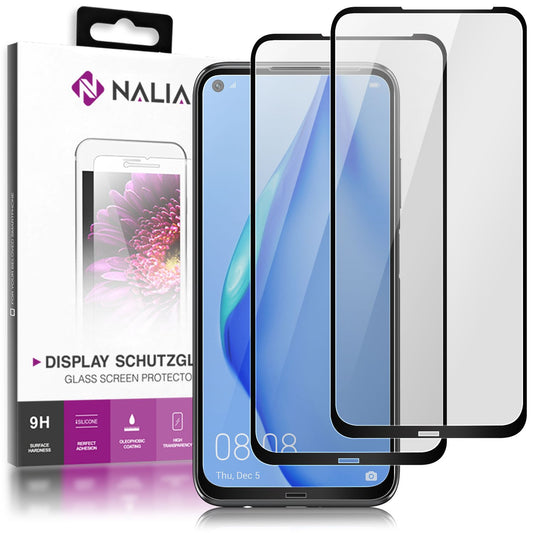 NALIA 2x Schutz Glas für Huawei P40 Lite, 9H Full Cover Film Handy Display Folie