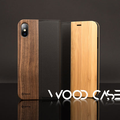 NALIA Echt Holz Hülle für Apple iPhone X XS, Wood Case Flip Cover Handy Schutz