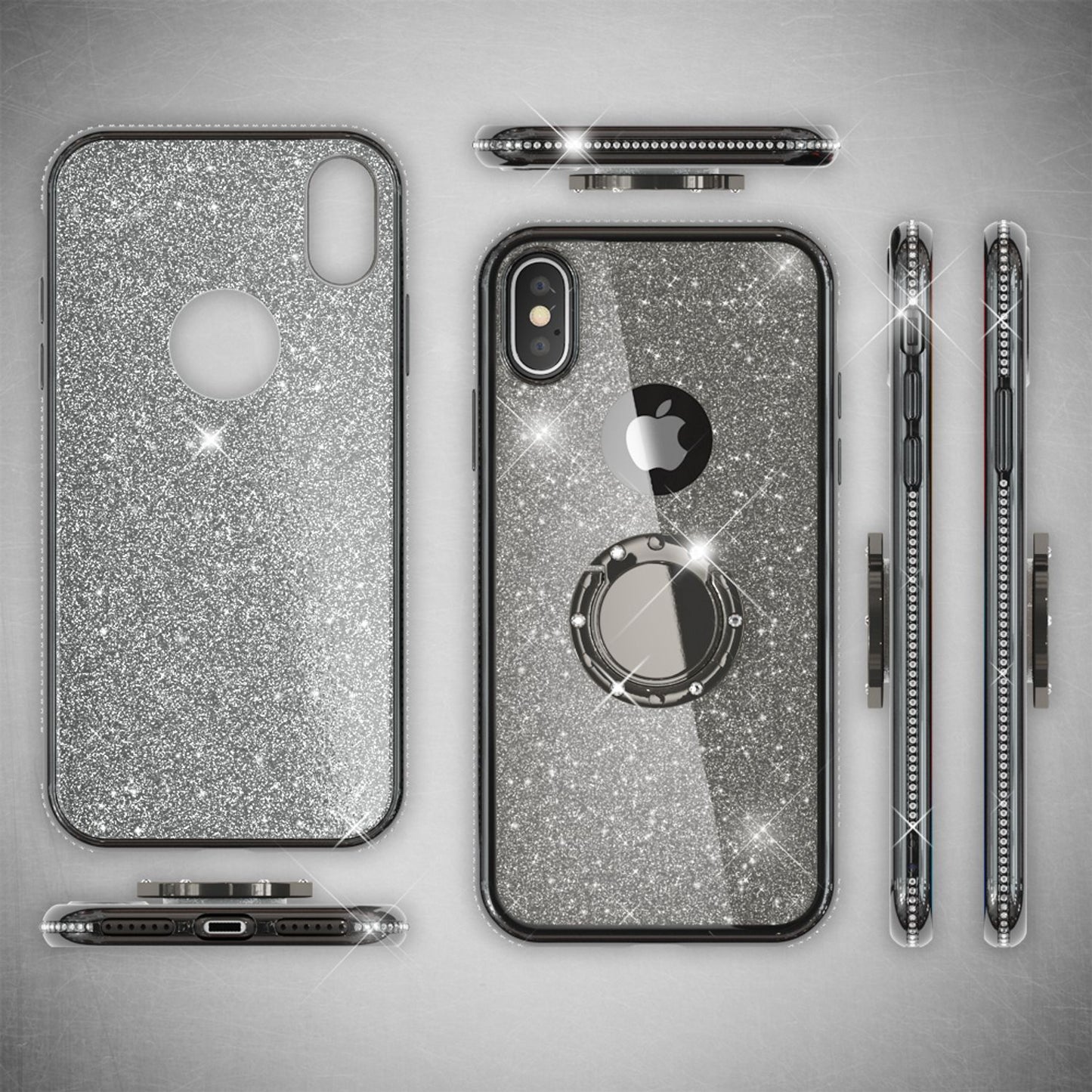 NALIA Ring Hülle für iPhone XS Max, Glitter Handy Schutz Case Cover Tasche Etui