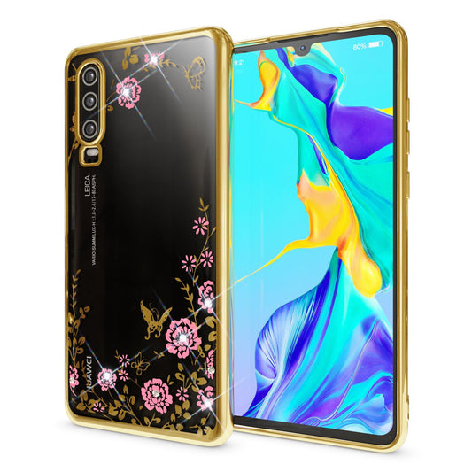 NALIA Handy Hülle für Huawei P30, Blumen-Muster Metall-Optik Schutz Cover Case