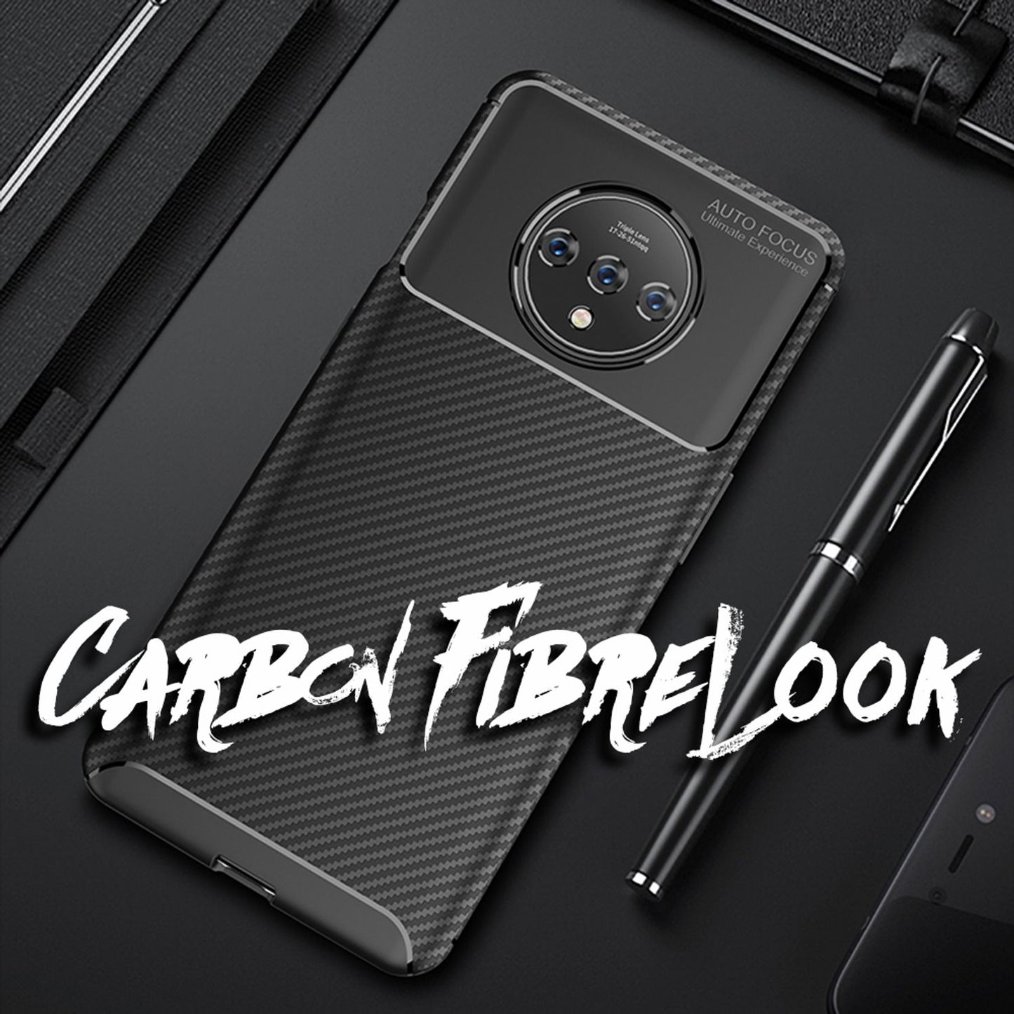 NALIA Carbon Look Handyhülle für OnePlus 7T Hülle, Ultra-Slim Silikon Backcover