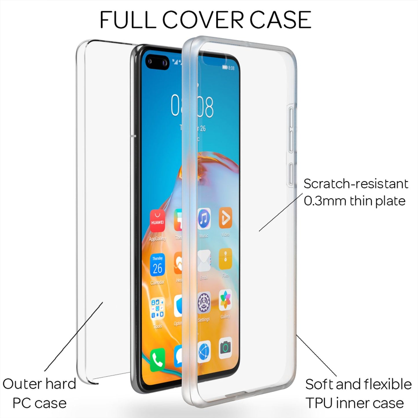NALIA 360° Handy Hülle für Huawei P40, Full Cover Case Schutz Tasche Etui Bumper