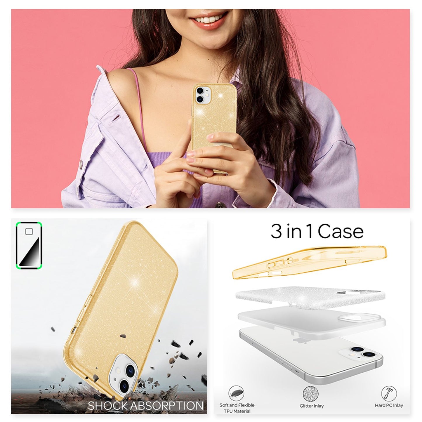 NALIA Glitzer Handy Hülle für iPhone 12 / 12 Pro, Bling Case Case Schutz Cover