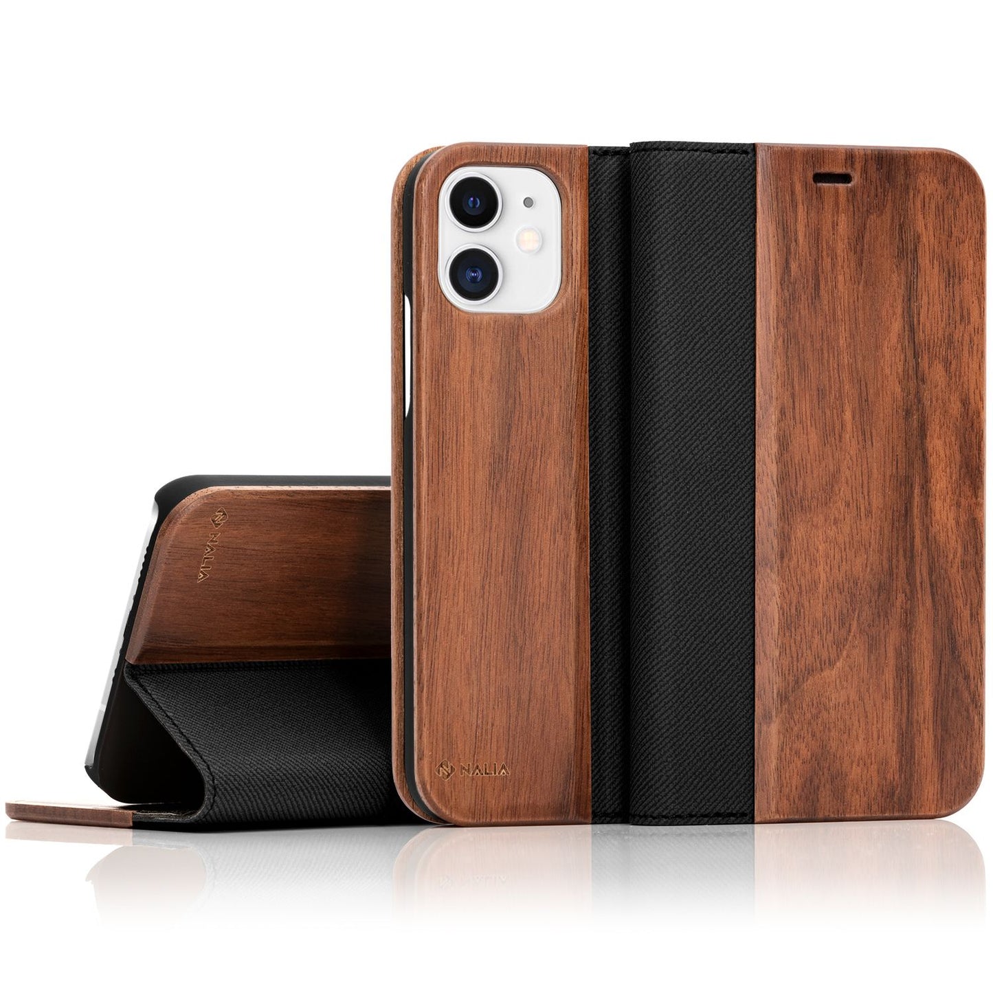 NALIA Echt Holz Flip Case für iPhone 12 Mini, Premium Wood Hülle Cover Bumper