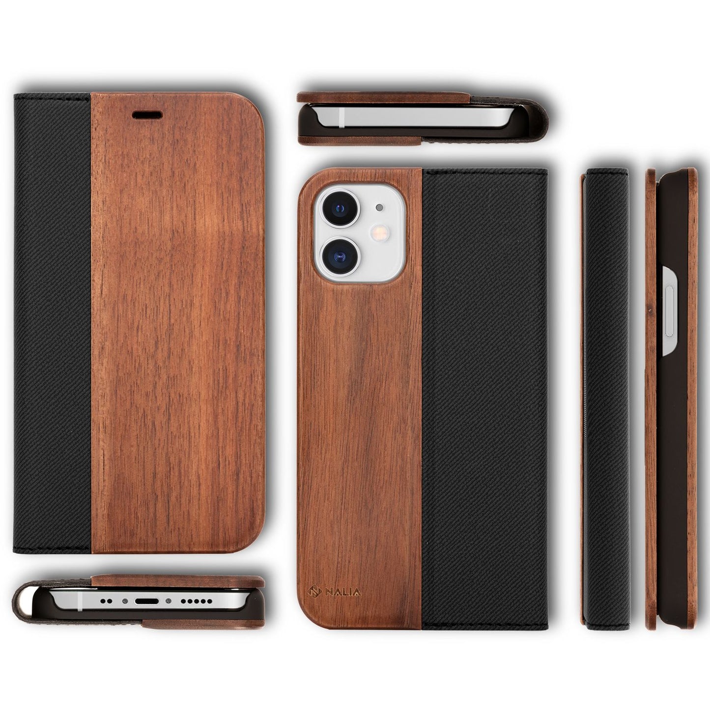 NALIA Echt Holz Flip Case für iPhone 12 Mini, Premium Wood Hülle Cover Bumper