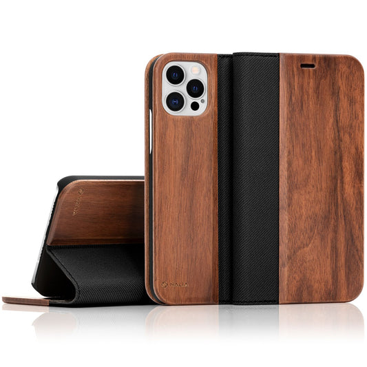 NALIA Echt Holz Flip Case für iPhone 12 Pro Max, Wood Etui Handy Hülle Bumper
