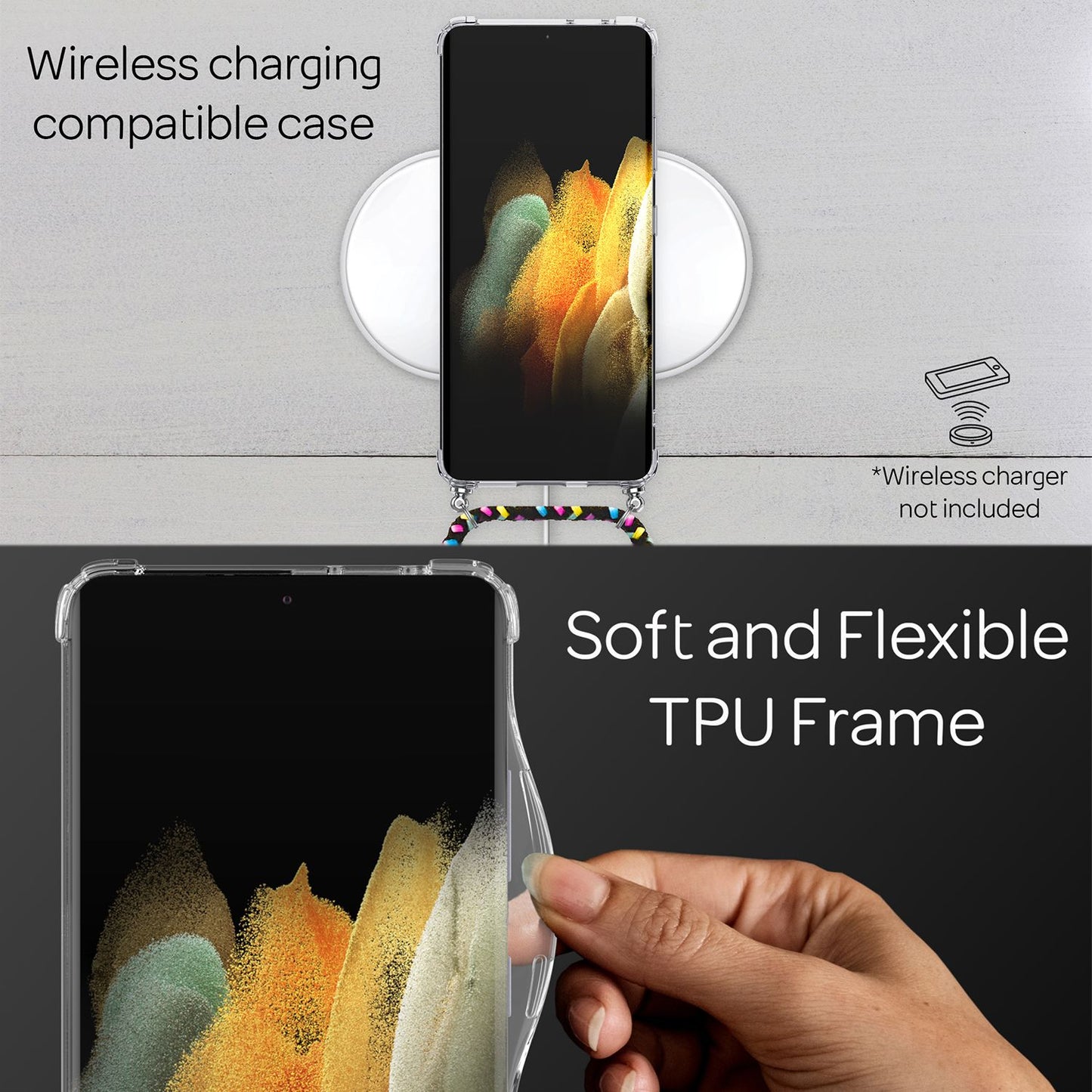 NALIA Klare Handy Hülle mit Kette für Samsung Galaxy S21 Ultra, Band Case Cover