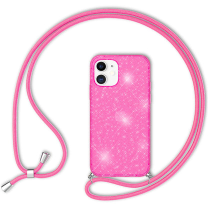 NALIA Glitzer Hülle mit Kette für iPhone 12 mini, Glitter Case Kordel Bling Etui