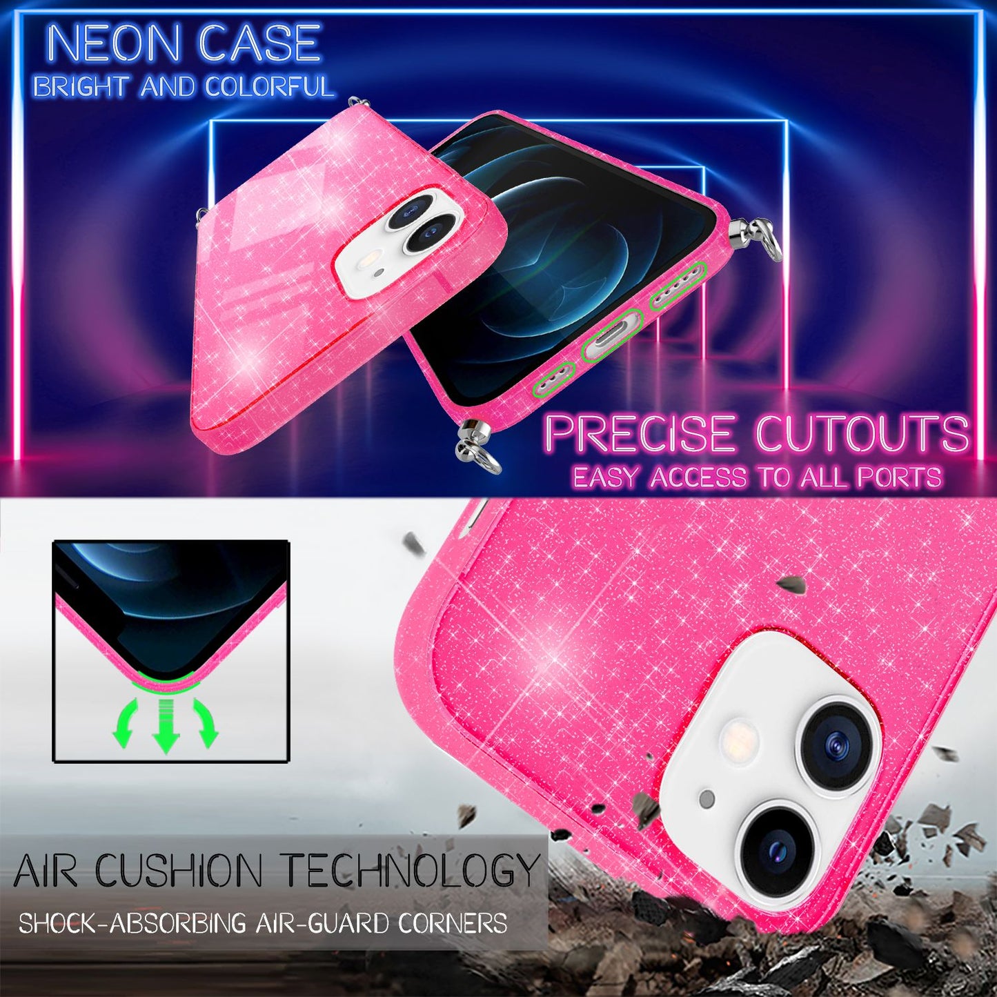 NALIA Glitzer Hülle mit Kette für iPhone 12 / 12 Pro, Glitter Case Kordel Cover