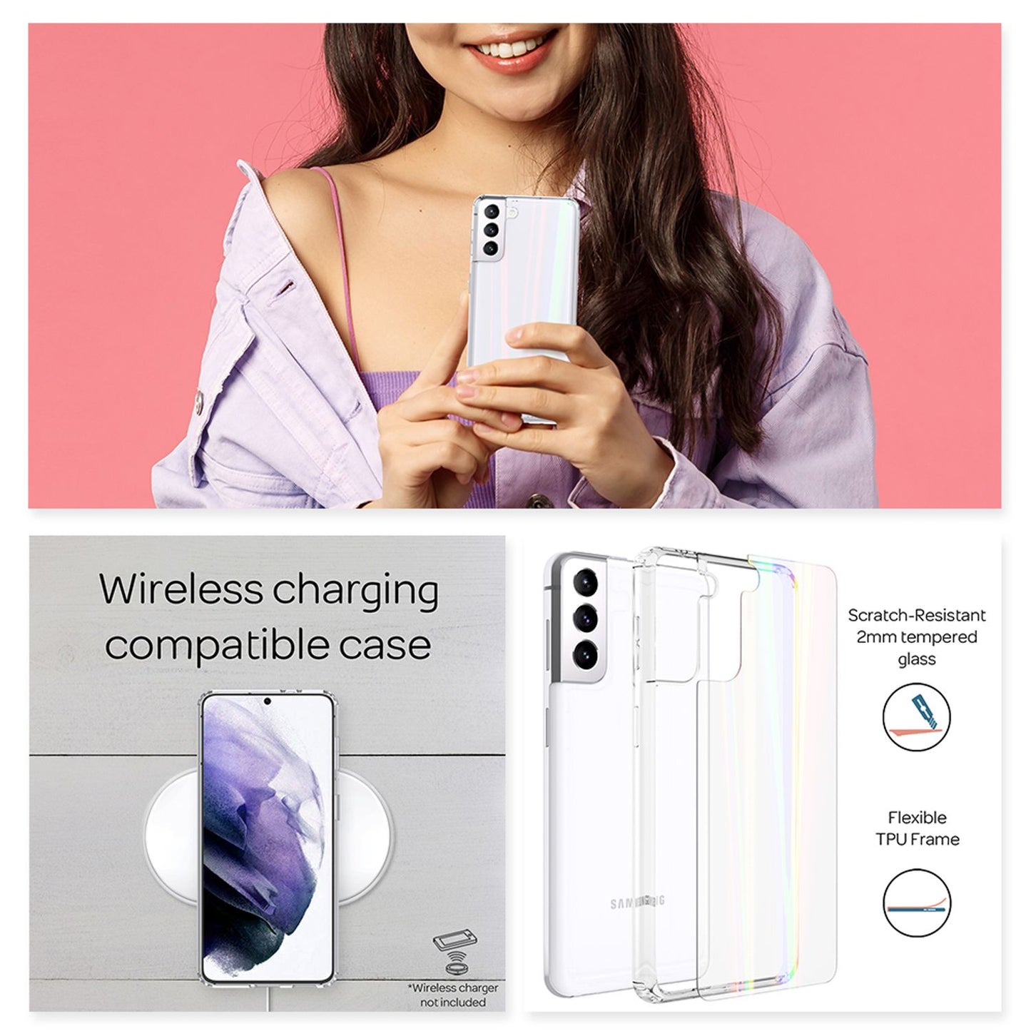 NALIA Hartglas Case für Samsung Galaxy S21+, Transparent Regenbogen Cover Case