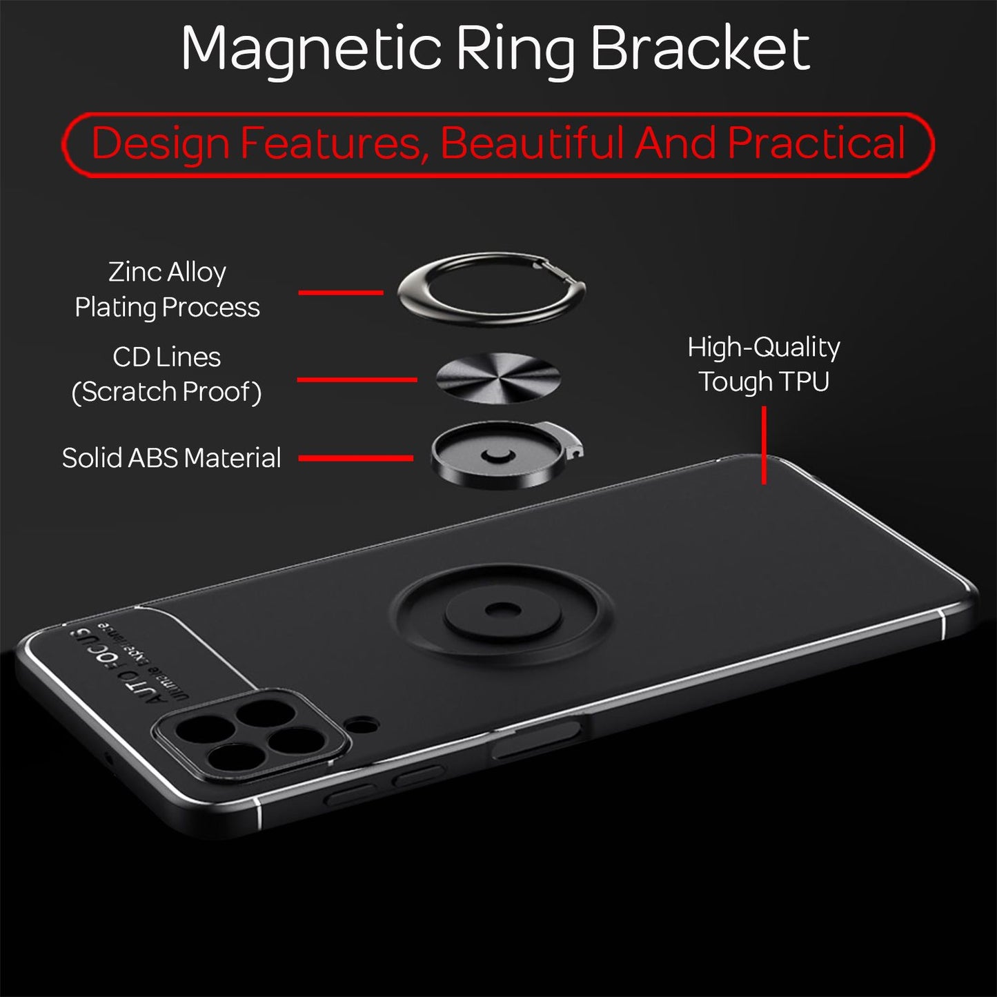 NALIA Matt-Schwarze Ringhülle für Samsung Galaxy A22, 360° Ring für Standfunktion