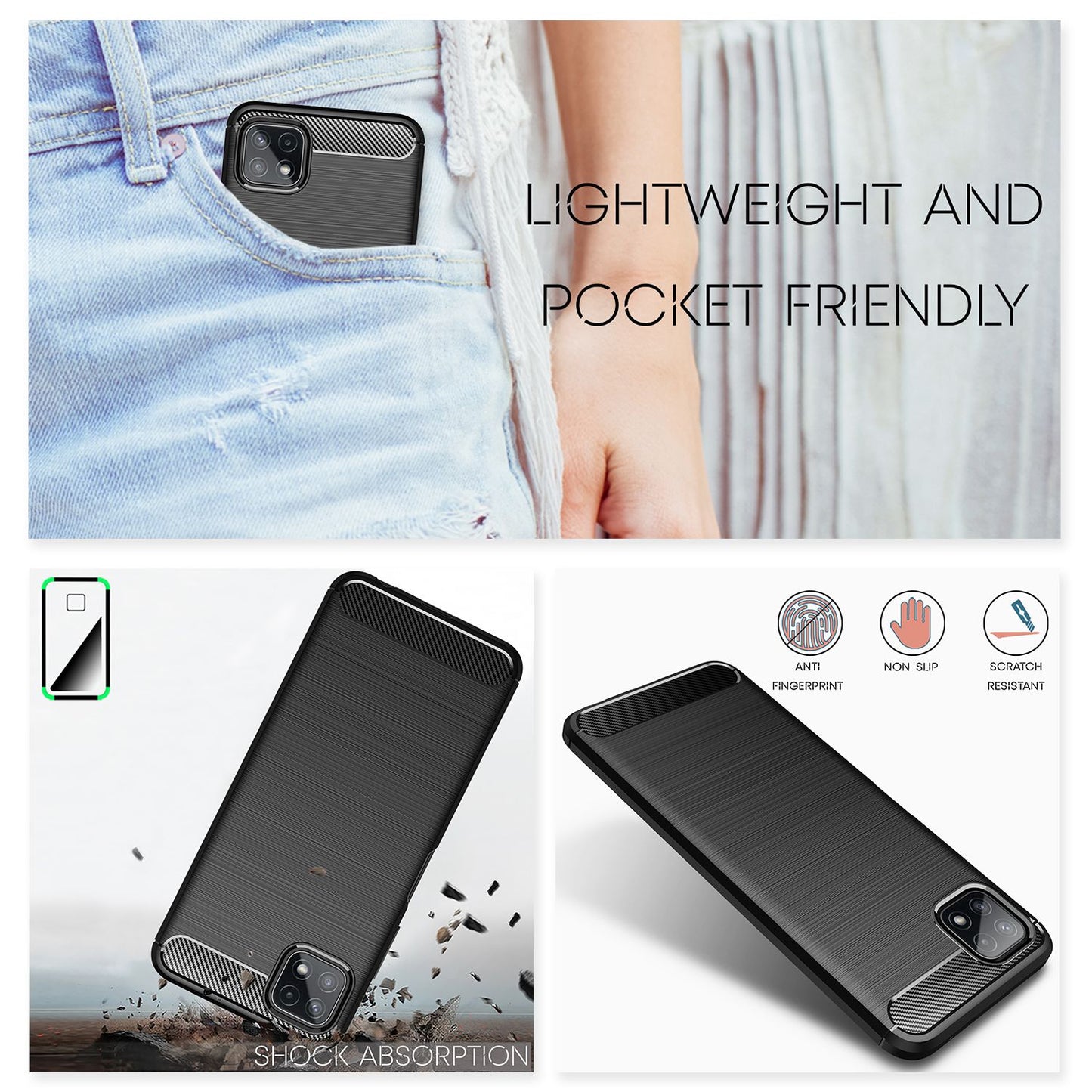 NALIA Carbon Look Case für Samsung Galaxy A22 5G, Matt-Schwarze Silikonhülle