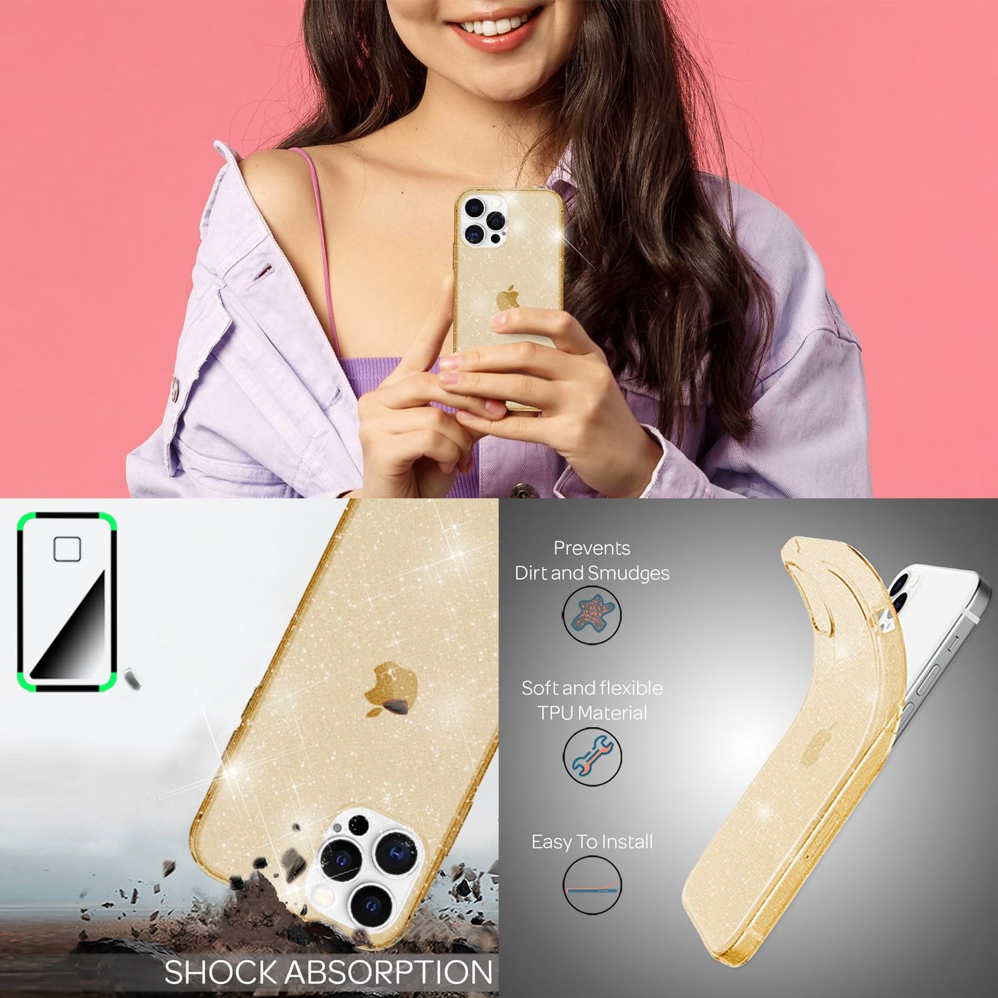 NALIA Glitzer Hülle für iPhone 13 Pro Max, Transparent Glitter Cover Handy Case