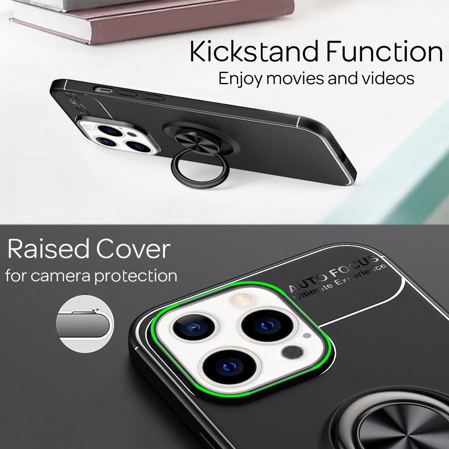 NALIA Schwarze Handy Hülle für iPhone 13 Pro, 360° Ring Case Kickstand Cover