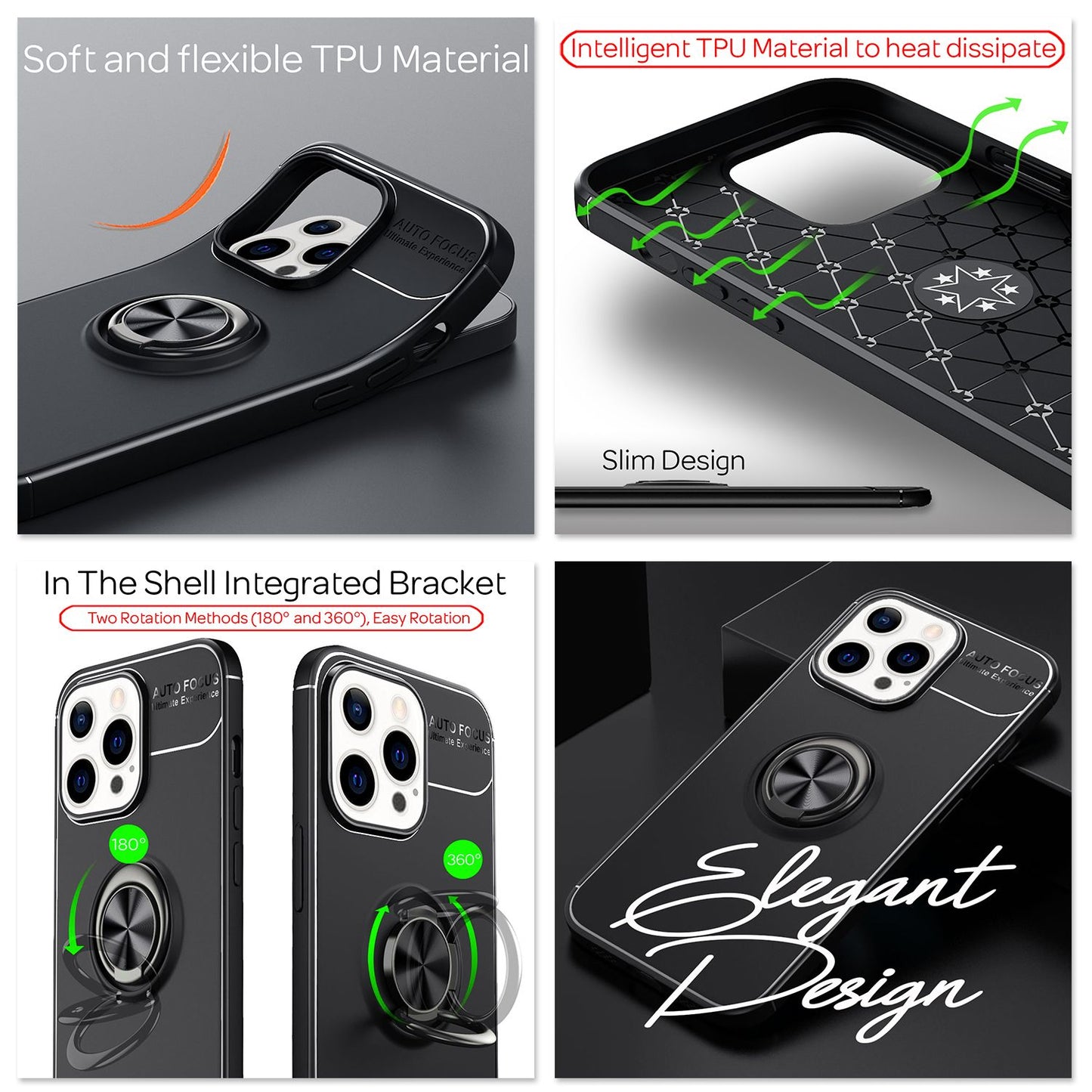 NALIA Schwarze Handy Hülle für iPhone 13 Pro, 360° Ring Case Kickstand Cover