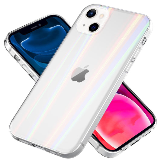 NALIA Klares Hartglas Case für iPhone 13 Mini, Transparent Regenbogen Effekt Anti-Gelb Kratzfest Tempered Glass & Silikon Bumper