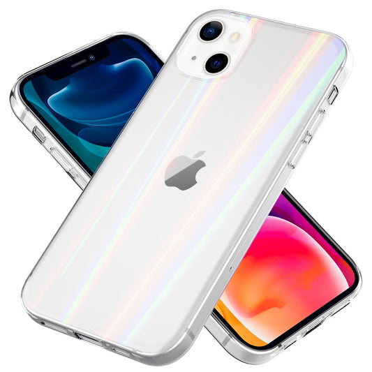 NALIA Klares Hartglas Case für iPhone 13, Transparent Regenbogen Effekt Anti-Gelb Kratzfest Tempered Glass & Silikon Bumper