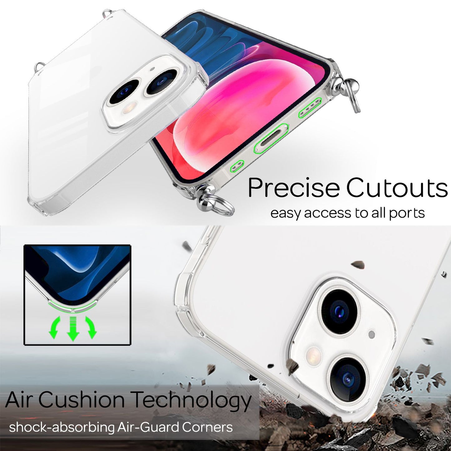 NALIA Handyhülle mit Kette für iPhone 13 Mini, Transparentes Hardcase & Handy-Schnur