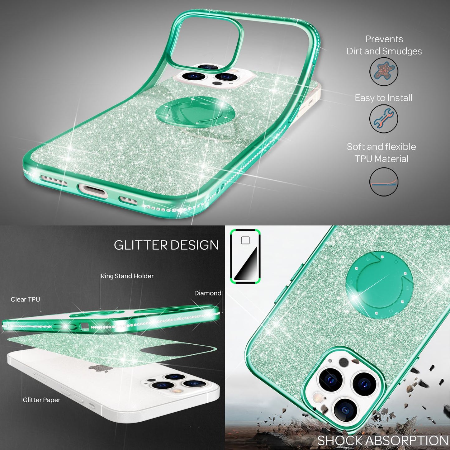 NALIA Glitzer Ringhülle für iPhone 13 Pro, Silikon Handyhülle Glitter Cover Bling Case Schutzhülle mit Ring