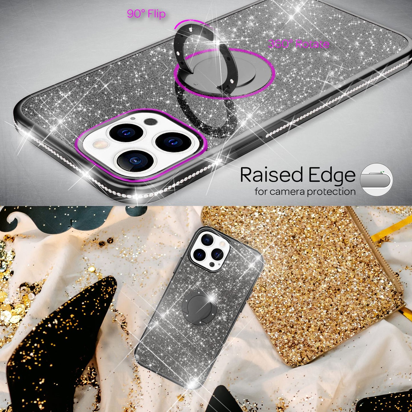 NALIA Glitzer Ringhülle für iPhone 13 Pro, Silikon Handyhülle Glitter Cover Bling Case Schutzhülle mit Ring