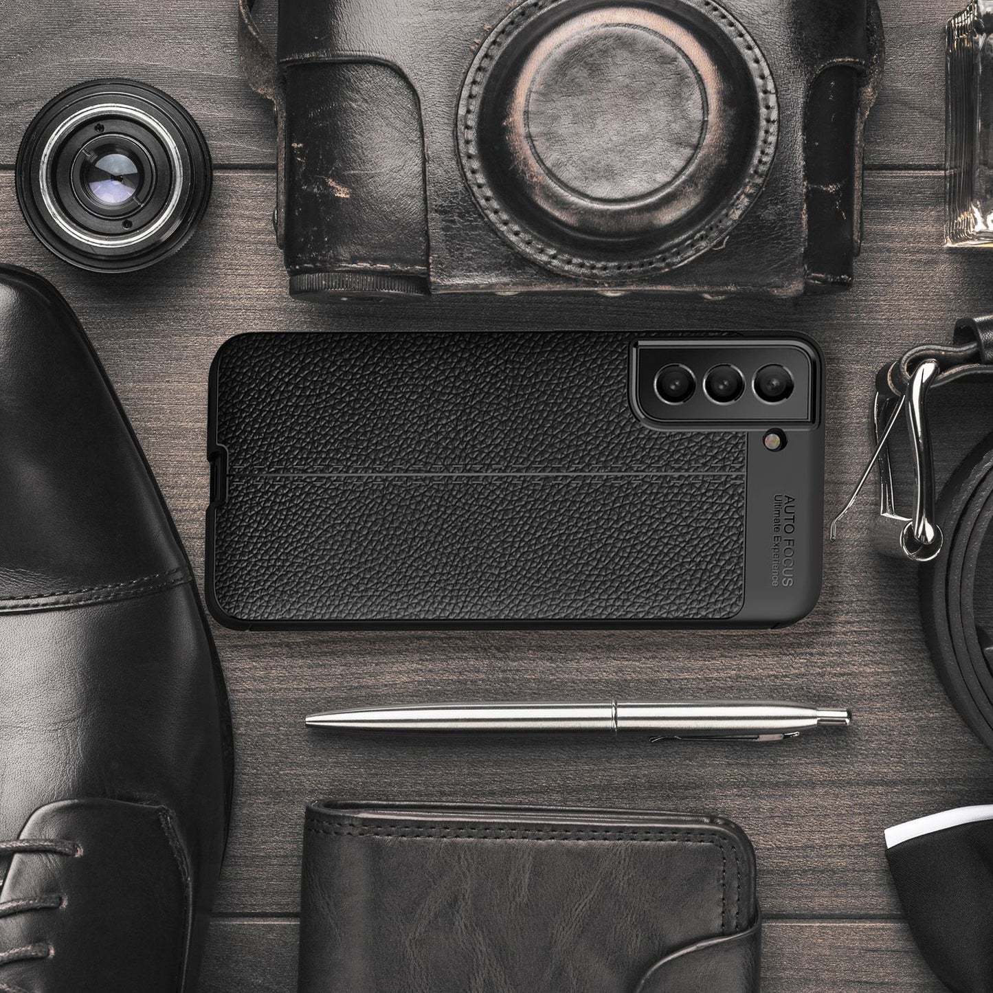 NALIA Leder Look Case für Samsung Galaxy S22, Schwarze Silikonhülle Anti-Fingerabdruck Rutschfest, Elegante Handyhülle