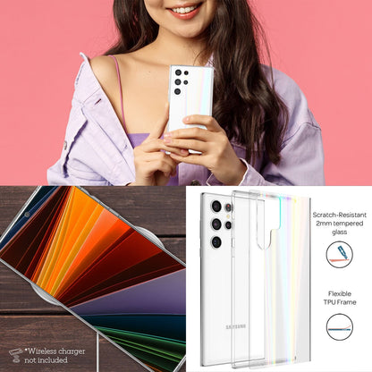 NALIA Klares Hartglas Case für Samsung Galaxy S22 Ultra, Regenbogen Effekt Transparent Anti-Gelb Tempered Glass & Silikon, Handyhülle Schutzhülle