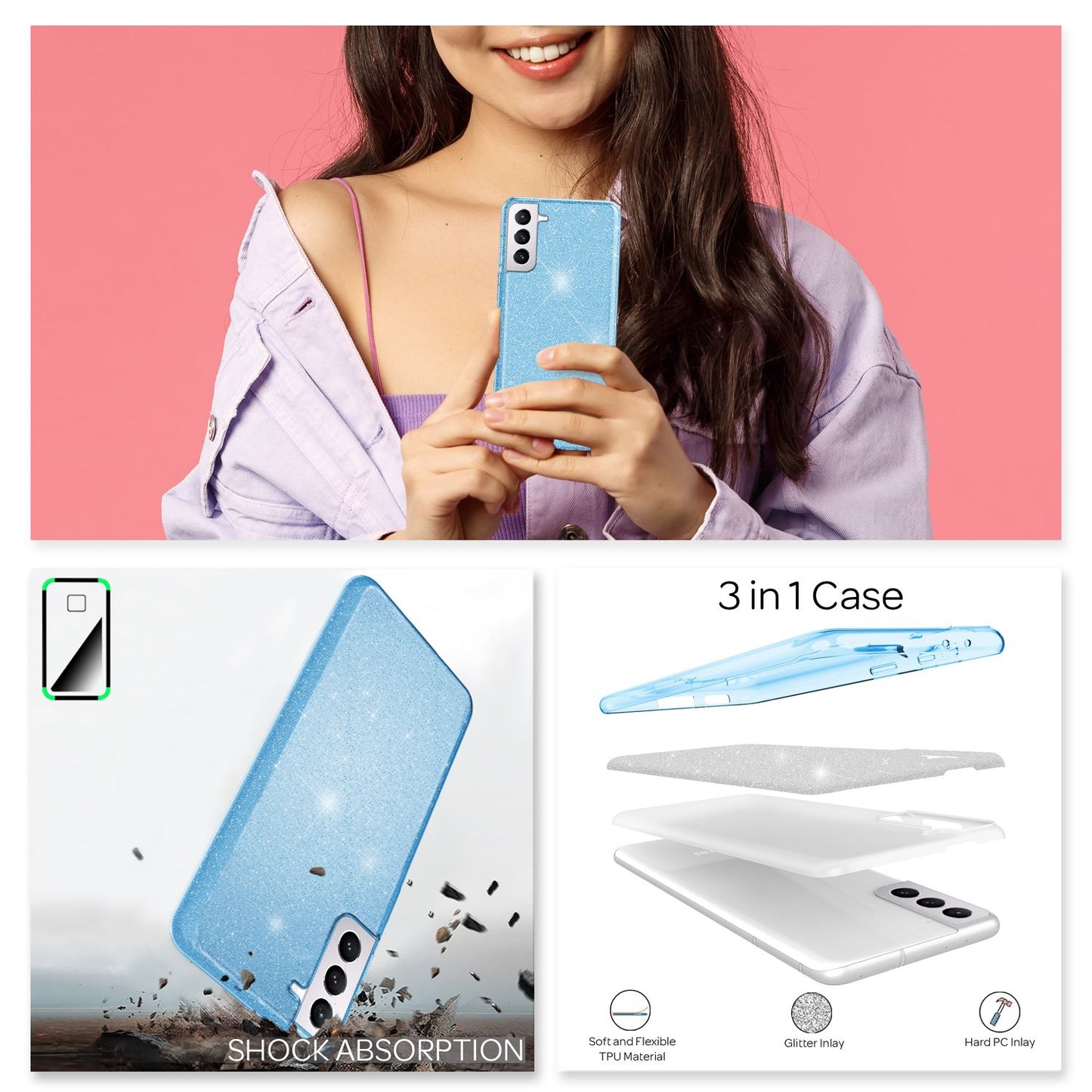 NALIA Robuste Glitzerhülle für Samsung Galaxy S22, Glänzende Glitzer Hybrid Schutzhülle Verstärkte Silikon Handyhülle