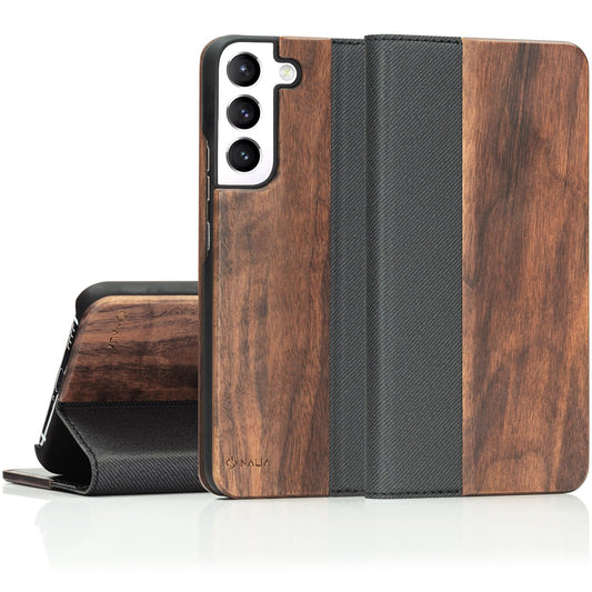 NALIA Echt-Holz Flipcase für Samsung Galaxy S22 Plus, Natur Holzhülle mit Standfunktion & Kartenfach - Walnuss