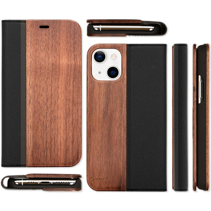 Echt-Holz Flipcase für iPhone 13 Mini, FSC zert. Natur Holzhülle mit Standfunktion & Kartenfach, Wood Case Rundum-Schutz Hülle Handyhülle Klapphülle Etui - Walnuss