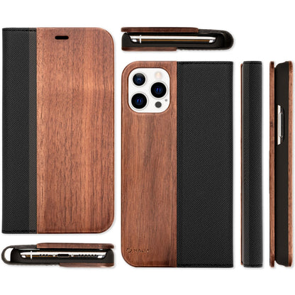 NALIA Echt-Holz Flipcase für iPhone 13 Pro, FSC zert. Natur Holzhülle mit Standfunktion & Kartenfach, Premium Wood Case Wallet Rundum-Schutz Hülle Handyhülle Klapphülle Etui - Walnuss