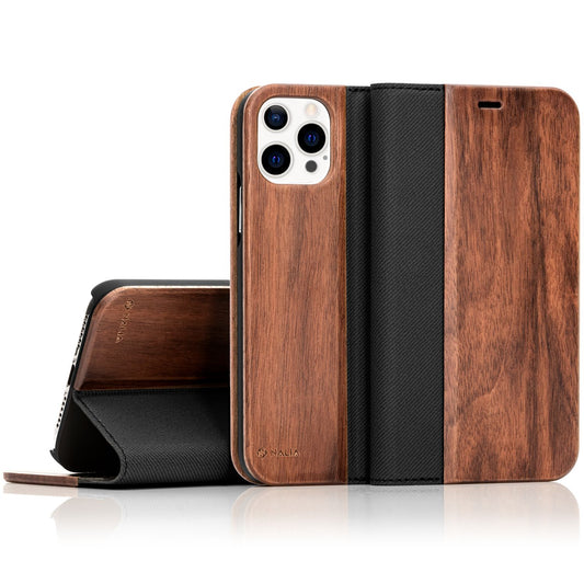 NALIA Echt-Holz Flipcase für iPhone 13 Pro Max, FSC zert. Natur Holzhülle mit Standfunktion & Kartenfach, Premium Wood Case Wallet Rundum-Schutz Hülle Handyhülle Klapphülle Etui - Walnuss