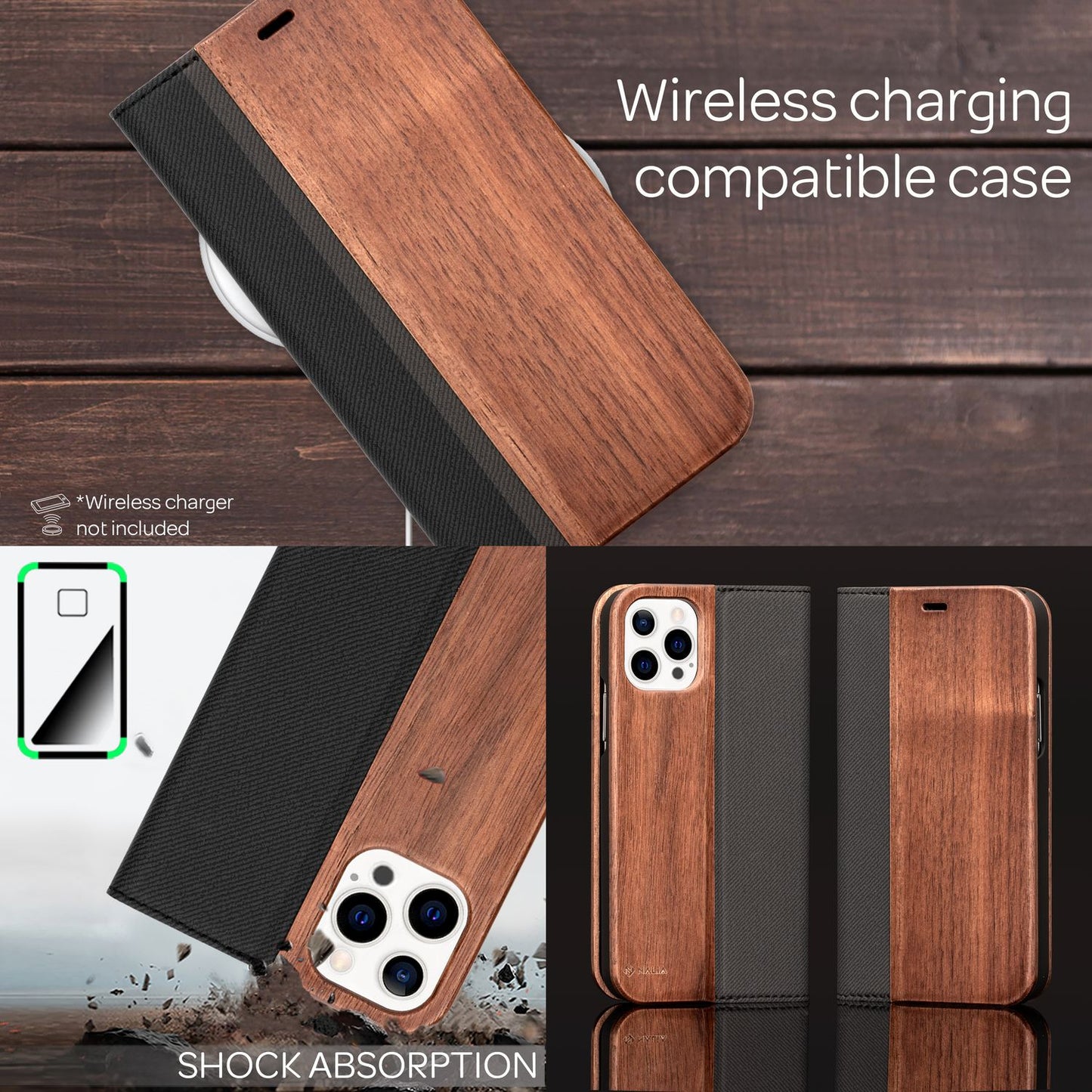 NALIA Echt-Holz Flipcase für iPhone 13 Pro Max, Natur Holzhülle mit Standfunktion & Kartenfach, Wood Case - Walnuss
