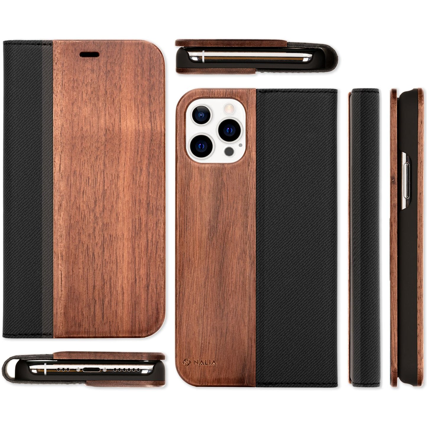 NALIA Echt-Holz Flipcase für iPhone 13 Pro Max, Natur Holzhülle mit Standfunktion & Kartenfach, Wood Case - Walnuss