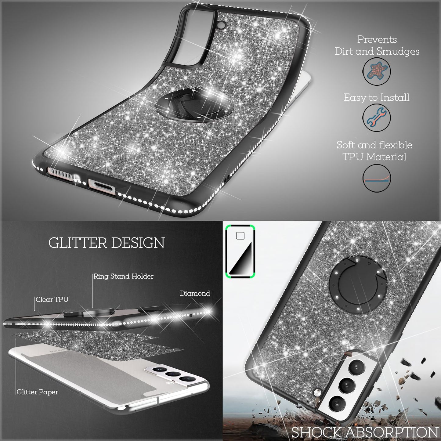 Für Samsung Galaxy S21 FE - Glitzer Ringhülle 360-Grad Finger-Halter