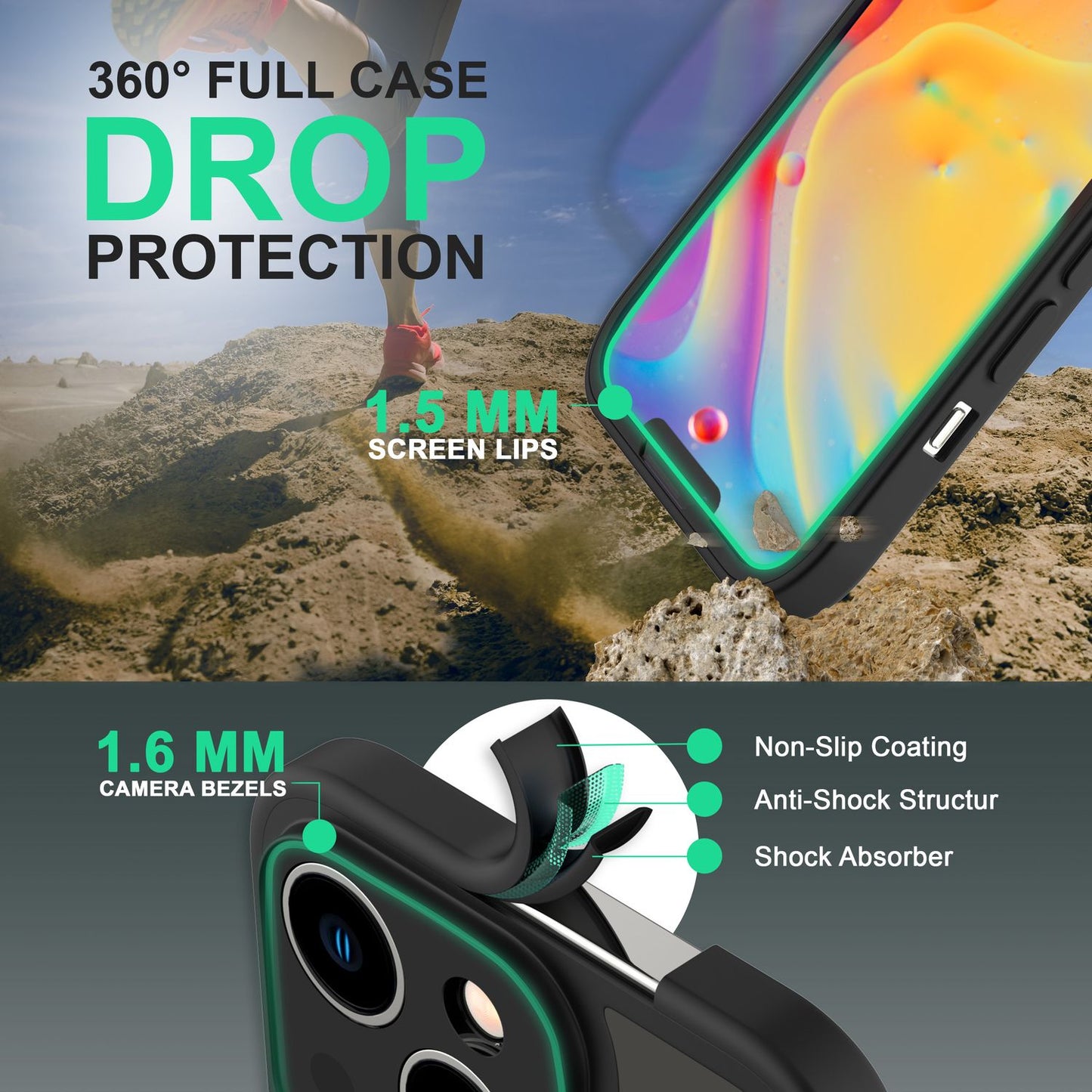 360° Hülle für iPhone 14, Klar Antigelb Hard Cover Rundum Schutz Silikon Rahmen