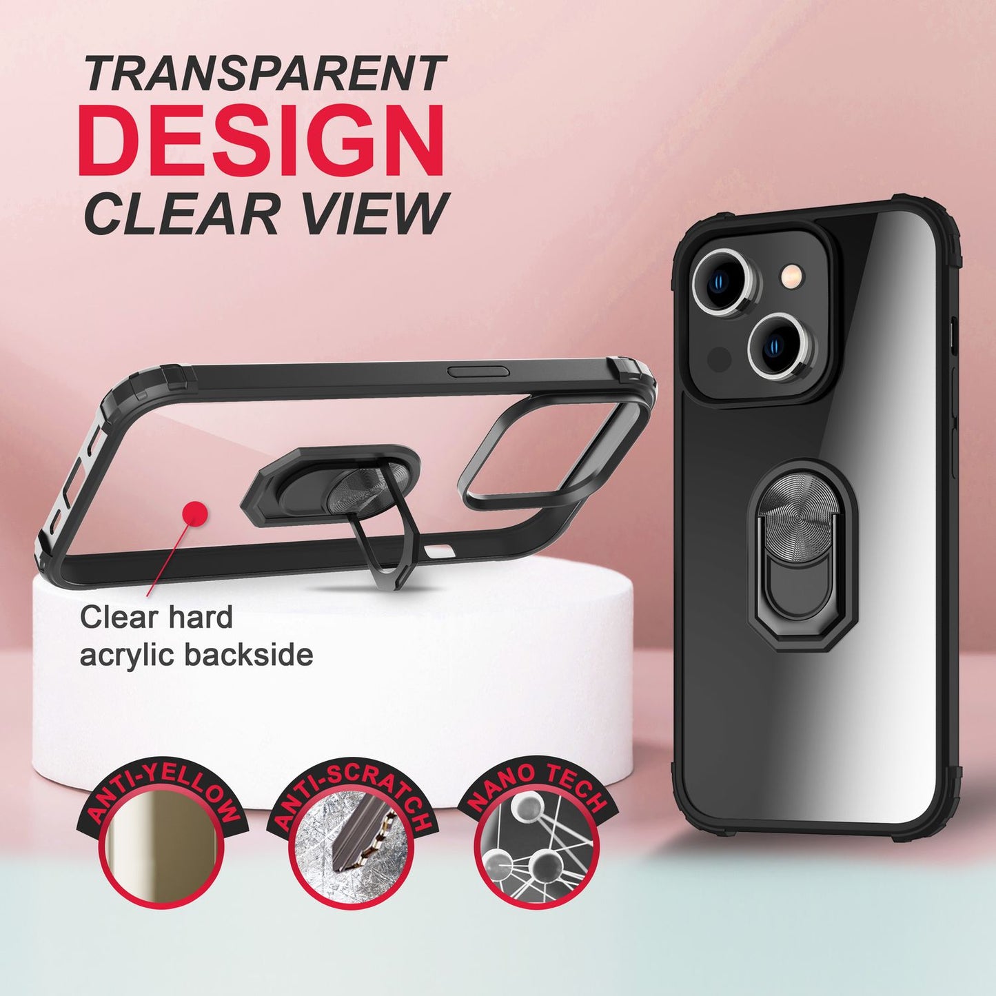Ring Hülle für iPhone 14 - Klar Transparent Schutz Rahmen 360° Ring Aufsteller