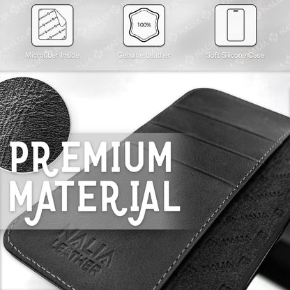 Echt Leder Hülle für iPhone 14 Pro Max, RFID Schutz Flipcase Handy Schutzhülle