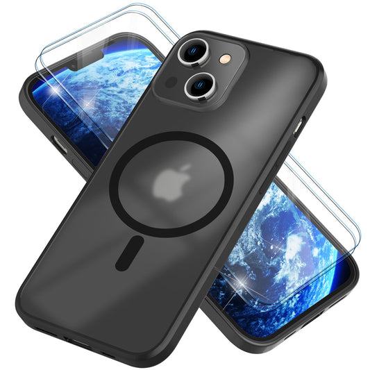 MagSafe Hülle mit 2x Schutz Glas für iPhone 14, Halb-Transparent Anti-Gelb Cover