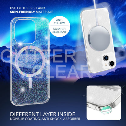 Glitzer-Hülle MagSafe und 2x Schutzglas für iPhone 14, Klar Display Folie Cover