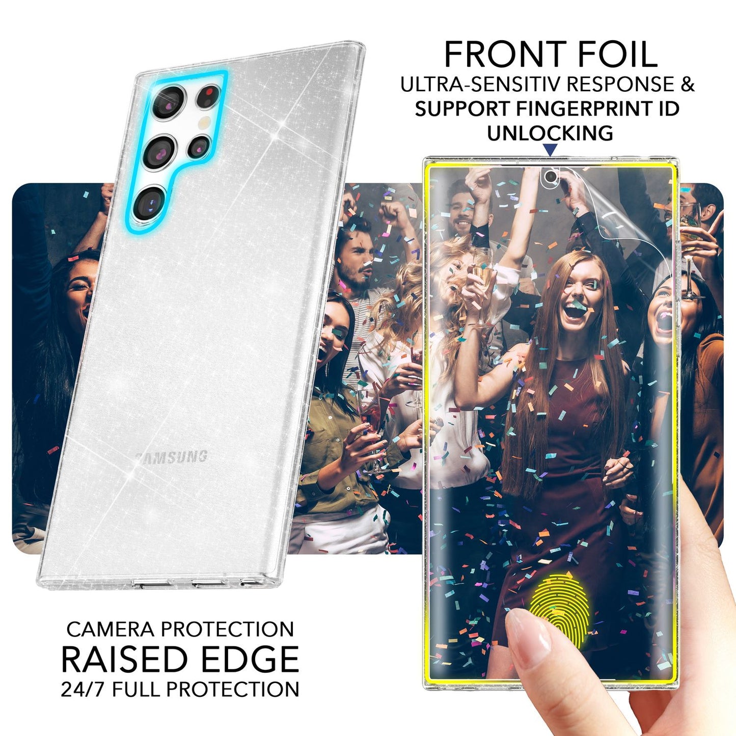 Glitzer Hülle für Samsung Galaxy S23 Ultra, 2x Displayschutz Folie