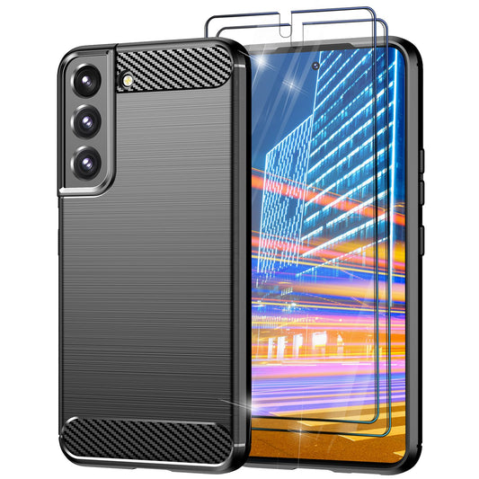 Carbon Look Hülle für Samsung Galaxy S23, 2x Displayschutz Glas, Matt Schwarz