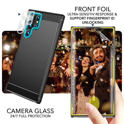 Carbon Look Hülle für Samsung Galaxy S23 Ultra, 2x Displayschutz & Kameraschutz