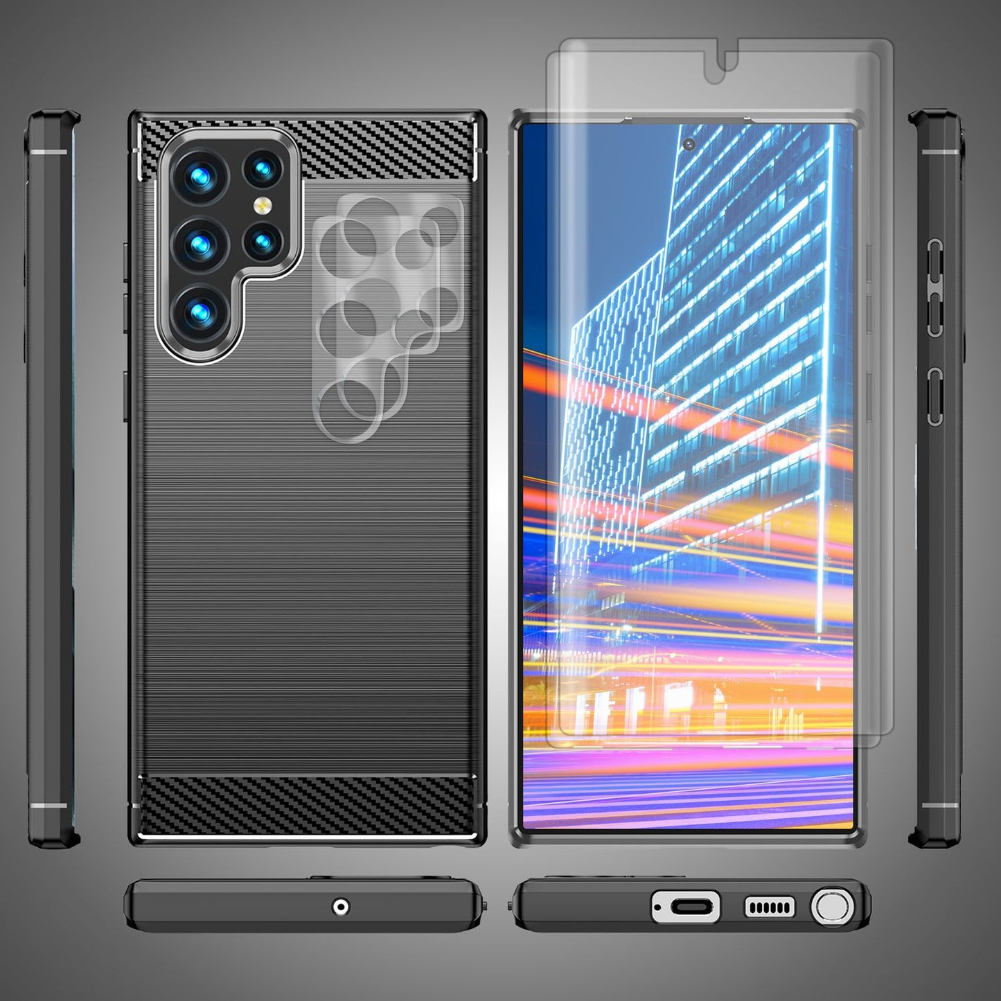 Carbon Look Hülle für Samsung Galaxy S23 Ultra, 2x Displayschutz & Kameraschutz
